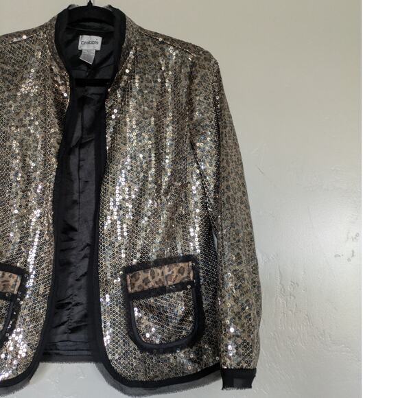 Chicos Jacket Women Small Shyanne Sequin Cheetah Holiday Shiny Black Gold Sz O - Picture 6 of 13